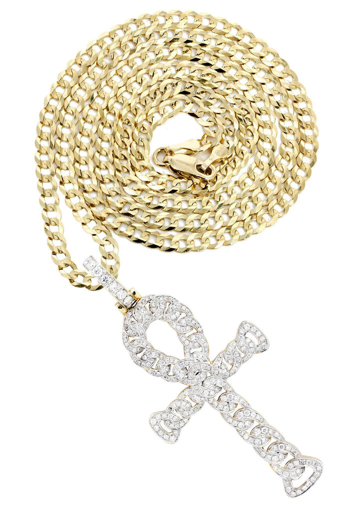 14K Yellow Gold Ankh Diamond Pendant & Cuban Chain | 1.88 Carats Diamond Combo FROST NYC 