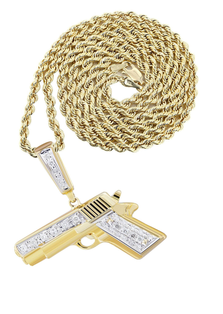 10K Yellow Gold Gun Pendant & Rope Chain | 0.19 Carats diamond combo FrostNYC 