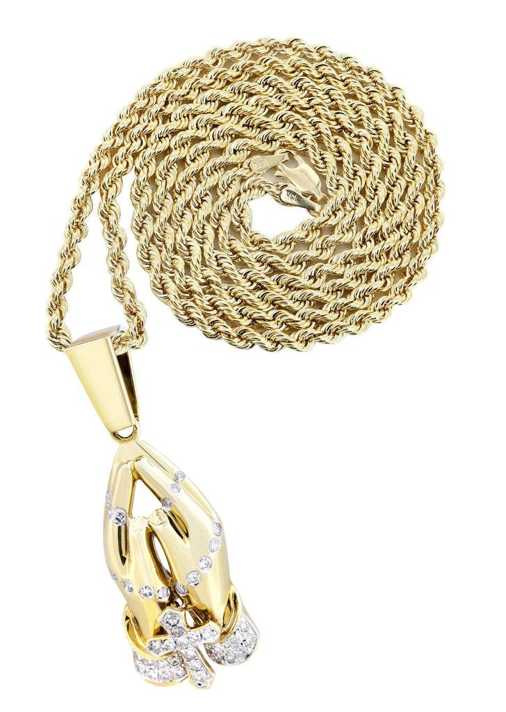 10K Yellow Gold Praying Hands Pendant & Rope Chain | 0.36 Carats diamond combo FrostNYC 