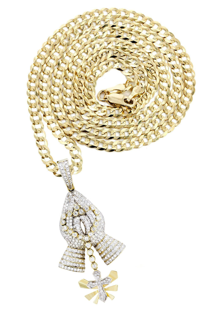 14K Yellow Gold Praying Hands Pendant & Cuban Chain | 3.01 Carats diamond combo FrostNYC 