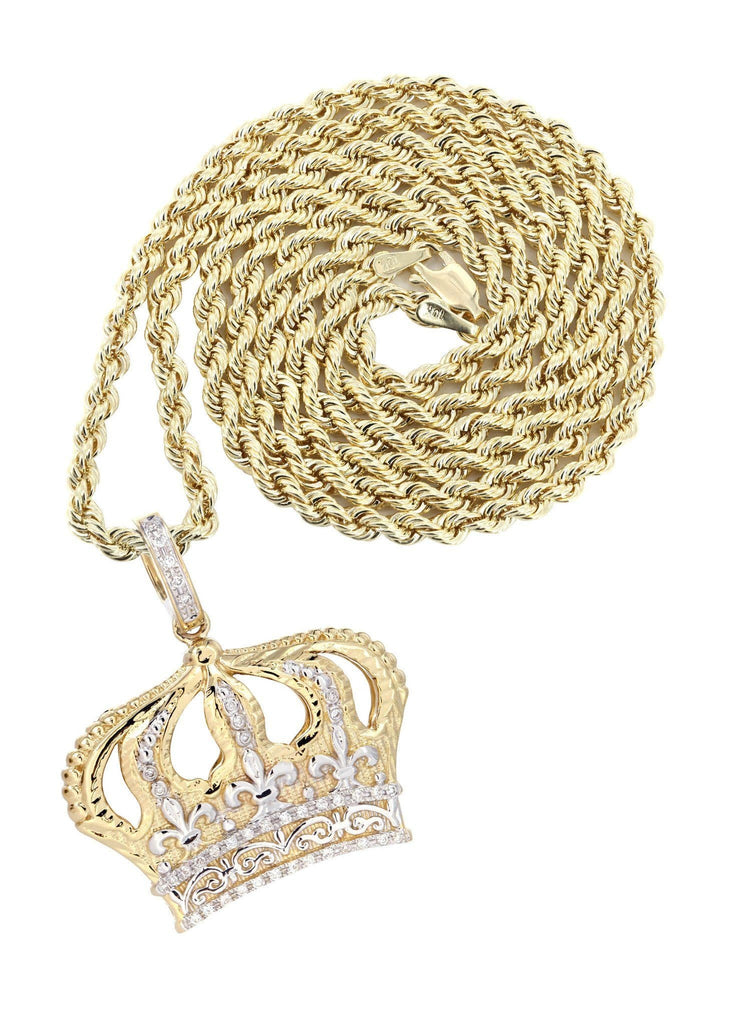 14K Yellow Gold Crown Diamond Pendant & Rope Chain | 0.16 Carats Diamond Combo FROST NYC 