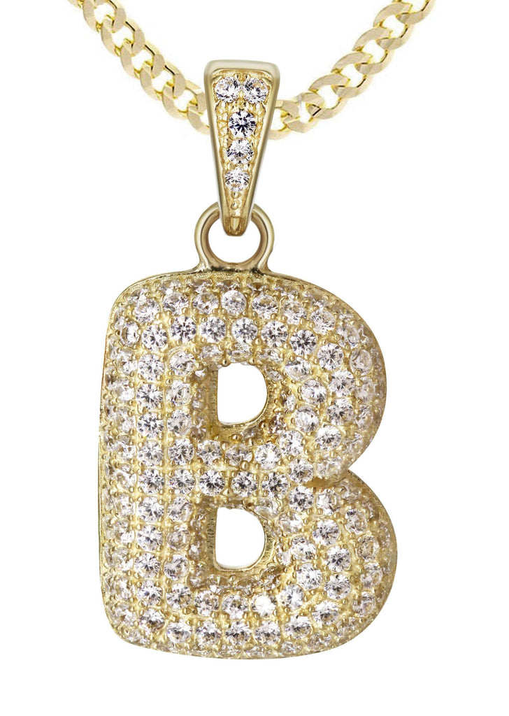 10K Yellow Gold Cuban Chain & Bubble Letter "B" Cz Pendant | Appx. 13.8 Grams chain & pendant FrostNYC 