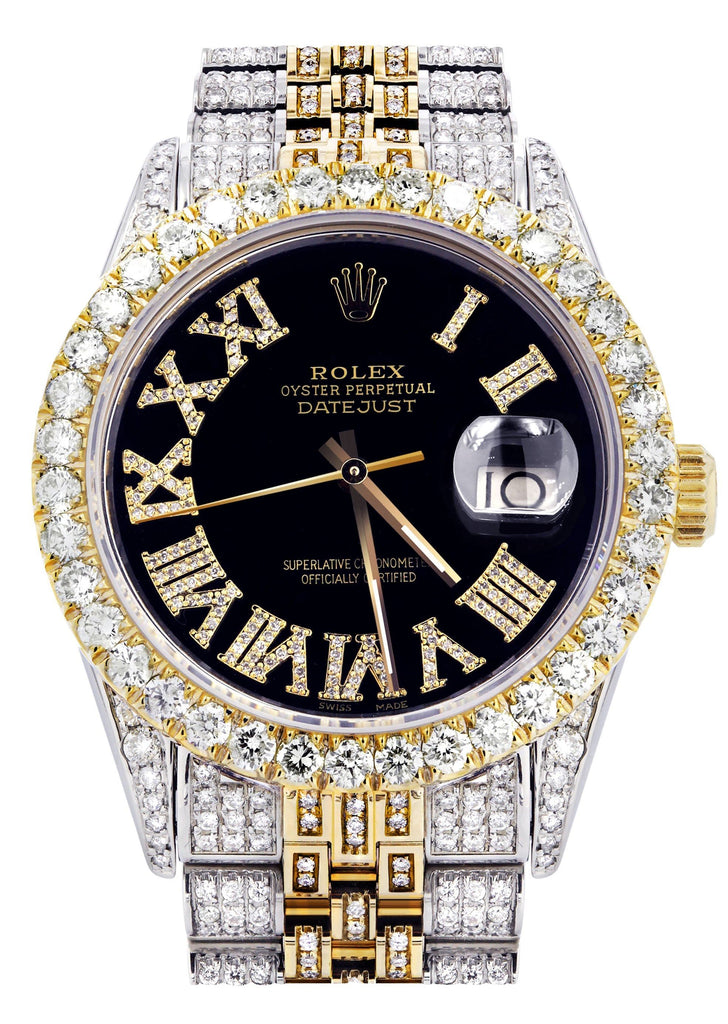 Iced Out Rolex Datejust 36 MM | Two Tone | 10 Carats of Diamonds | Black Roman Diamond Dial CUSTOM ROLEX FrostNYC 