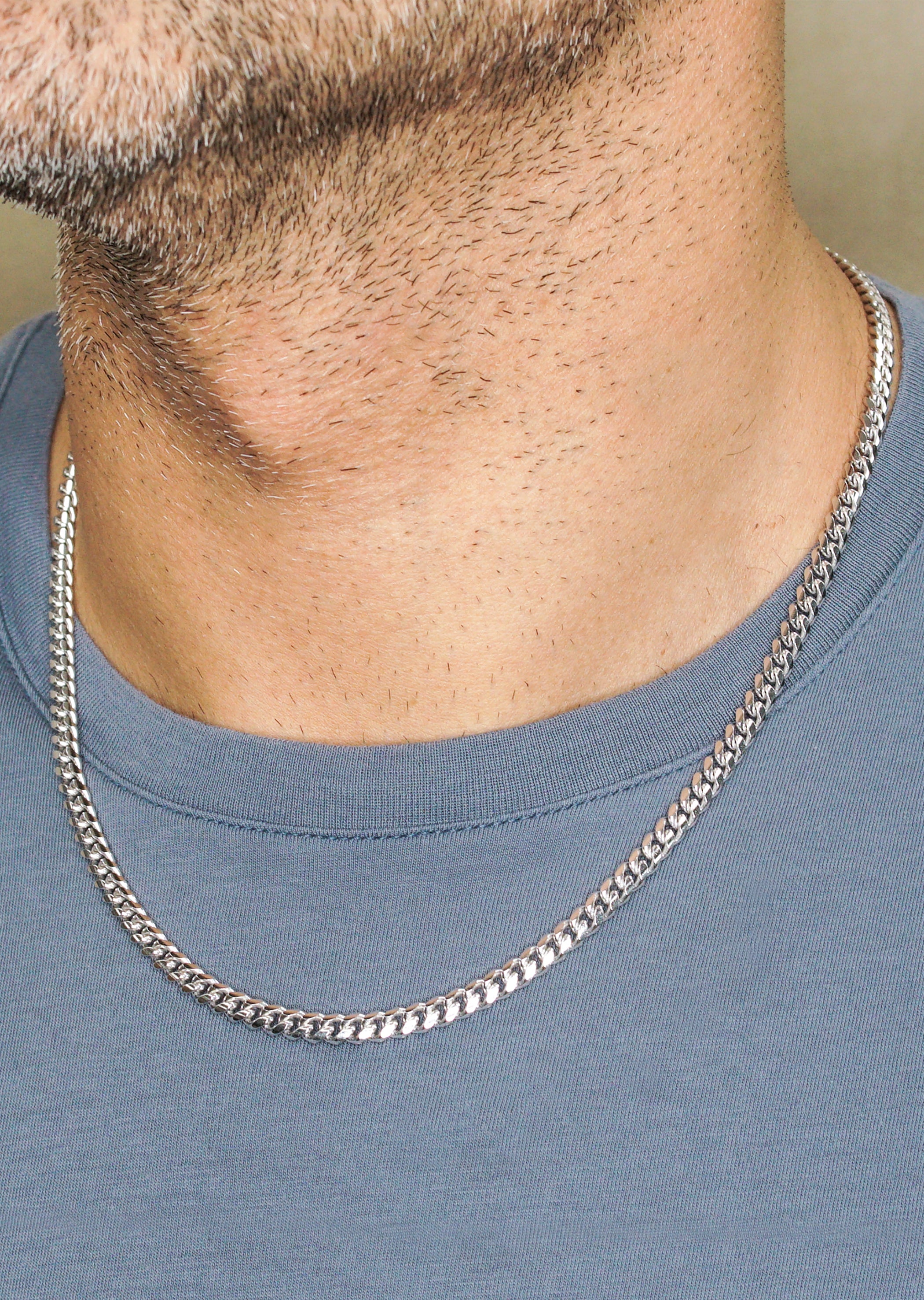 4mm Cuban Mens Silver Cuban Chain Necklace Silver Chain Mens White