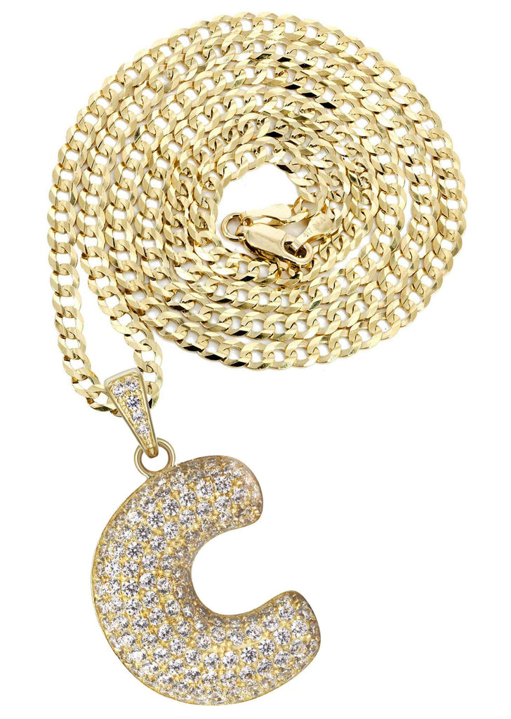 10K Yellow Gold Cuban Chain & Bubble Letter "C" Cz Pendant | Appx. 13.1 Grams chain & pendant FrostNYC 