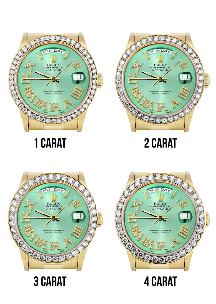 Rolex Day-Date | Presidential | 18K Yellow Gold | Diamond Bezel | Light Green Diamond Roman CUSTOM ROLEX FROST NYC 