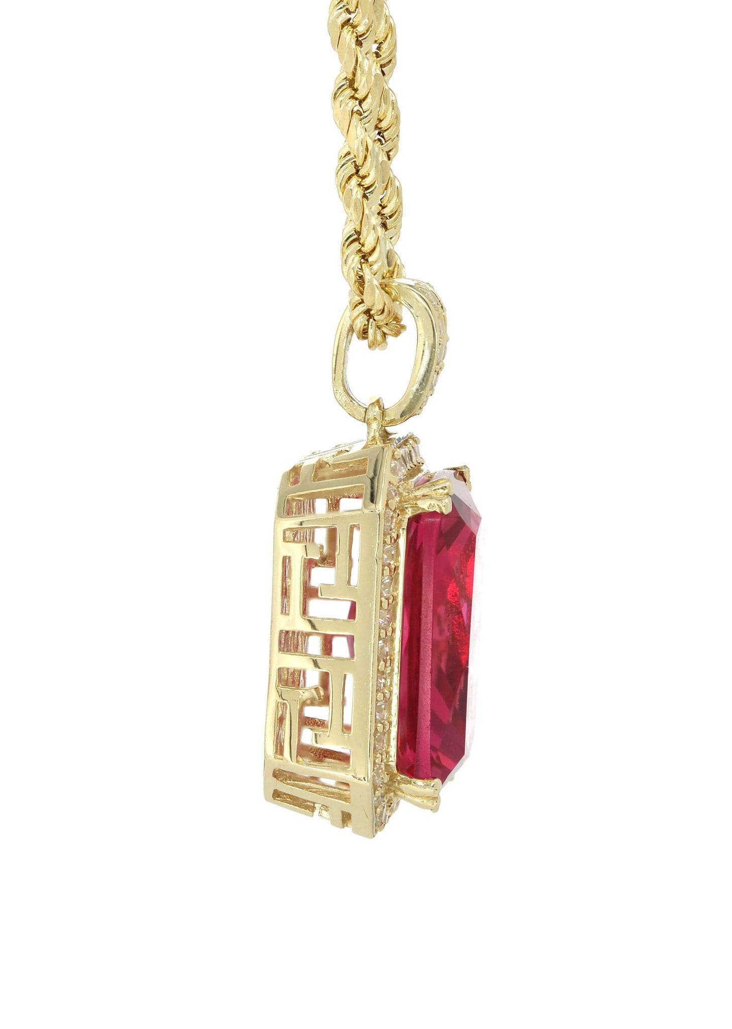 Shiny Gold Stainless Steel Ruby Pendant Necklace - 42g, IP68 Water Resistant, 316L