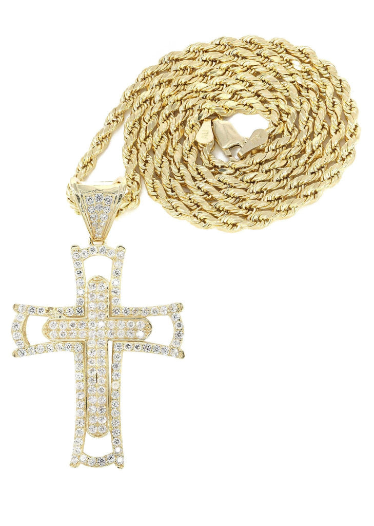 10K Yellow Gold Rope Chain & Cz Gold Cross Necklace | Appx. 12.4 Grams chain & pendant FROST NYC 