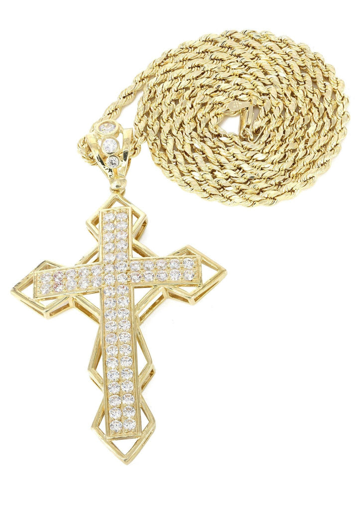 10K Yellow Gold Rope Chain & Cz Gold Cross Necklace | Appx. 21.2 Grams chain & pendant FROST NYC 
