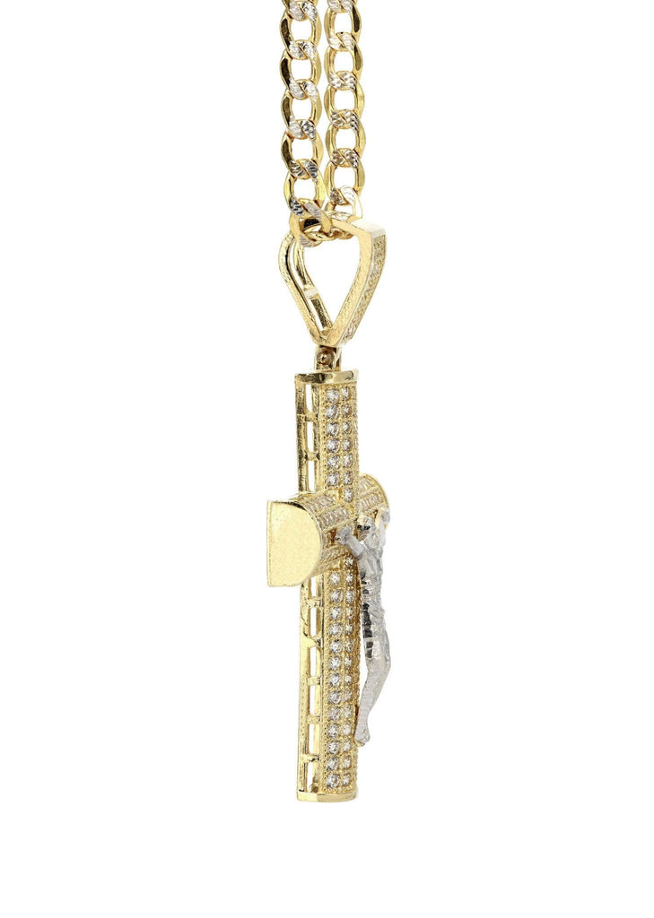 10K Yellow Gold Pave Cuban Chain & Cz Gold Cross Necklace | Appx. 10.4 Grams chain & pendant FROST NYC 