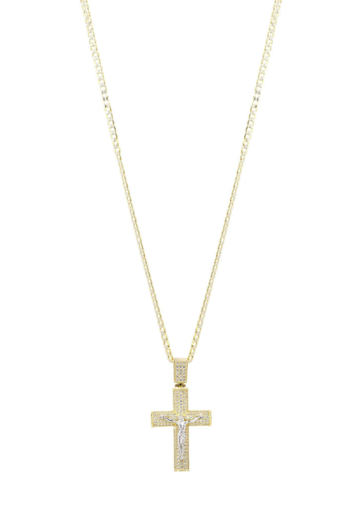 10K Yellow Gold Pave Cuban Chain & Cz Gold Cross Necklace | Appx. 10.4 Grams chain & pendant FROST NYC 
