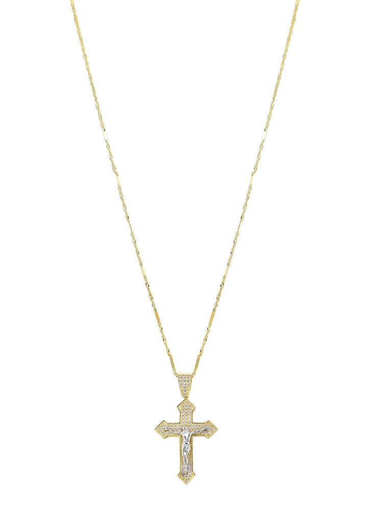 10K Yellow Gold Fancy Link Chain & Cz Gold Cross Necklace | Appx. 7.4 Grams chain & pendant FROST NYC 