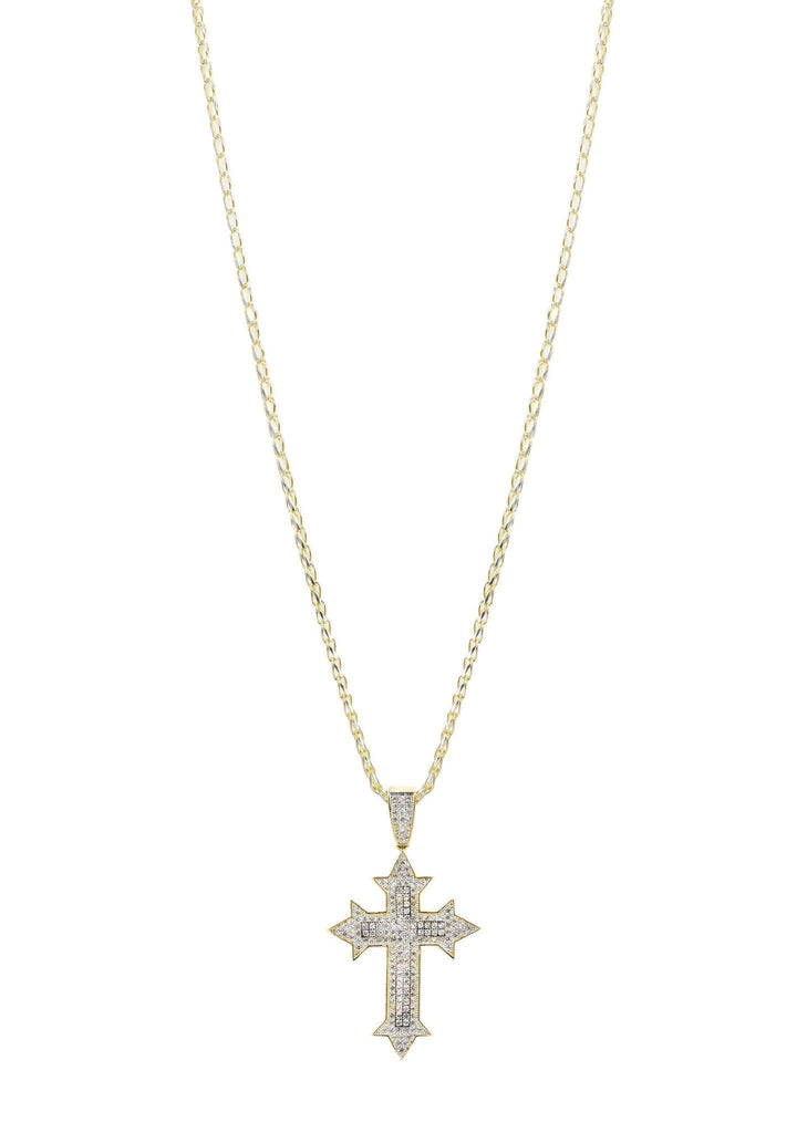 10K Yellow Gold Fancy Link Chain & Cz Gold Cross Necklace | Appx. 13.5 Grams chain & pendant FROST NYC 