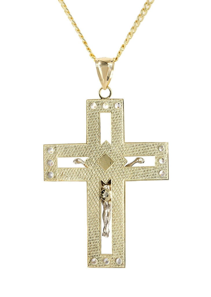 10K Yellow Gold Cuban Chain & Cz Gold Cross Necklace | Appx. 20.8 Grams chain & pendant FrostNYC 