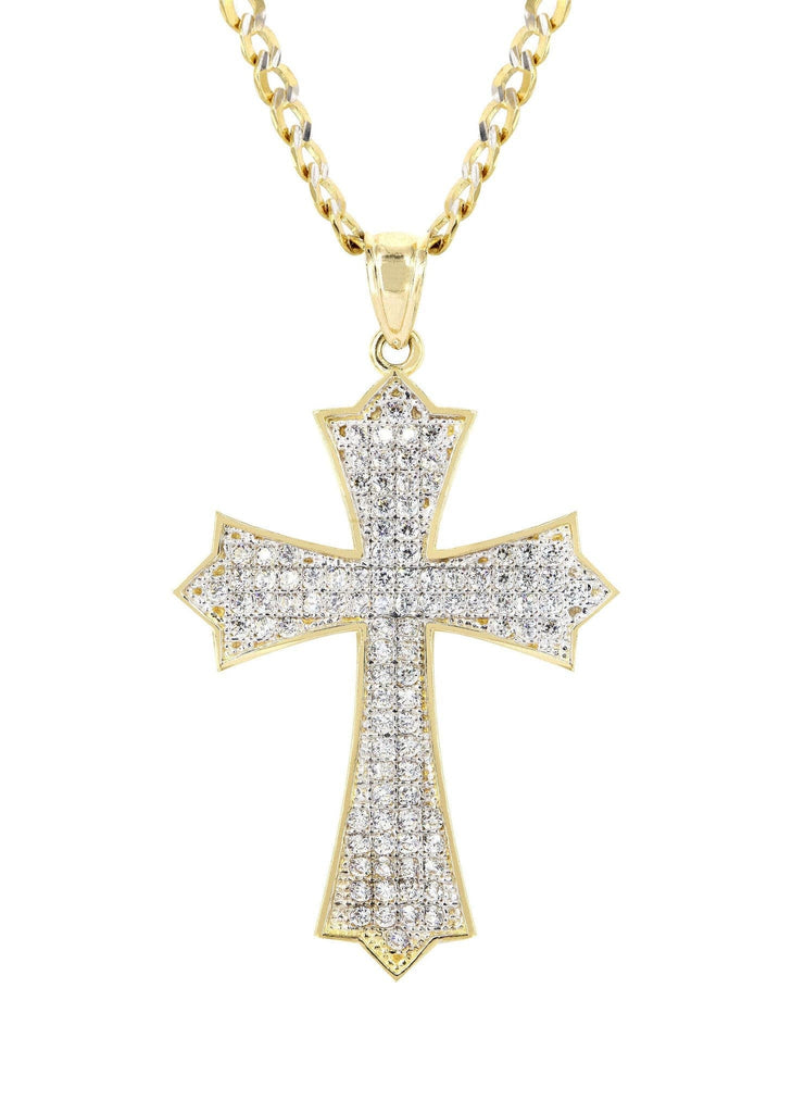 10K Yellow Gold Pave Cuban Chain & Cz Gold Cross Necklace | Appx. 9.4 Grams chain & pendant FROST NYC 