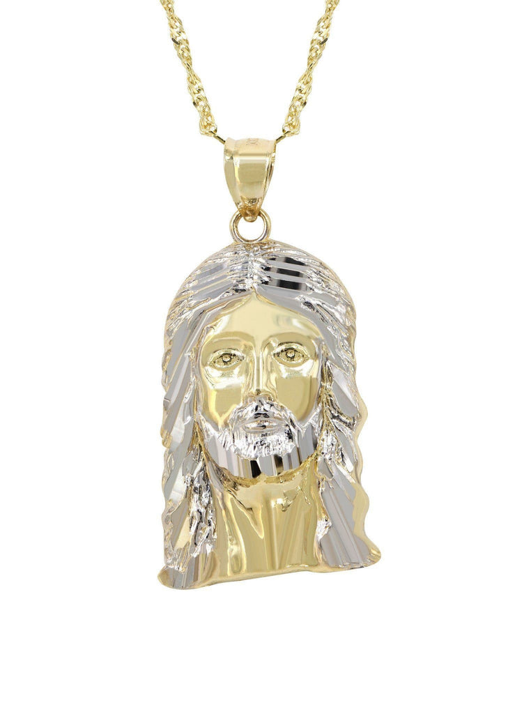 10K Yellow Gold Fancy Link Chain & Jesus Piece Chain | Appx. 6.4 Grams chain & pendant FROST NYC 