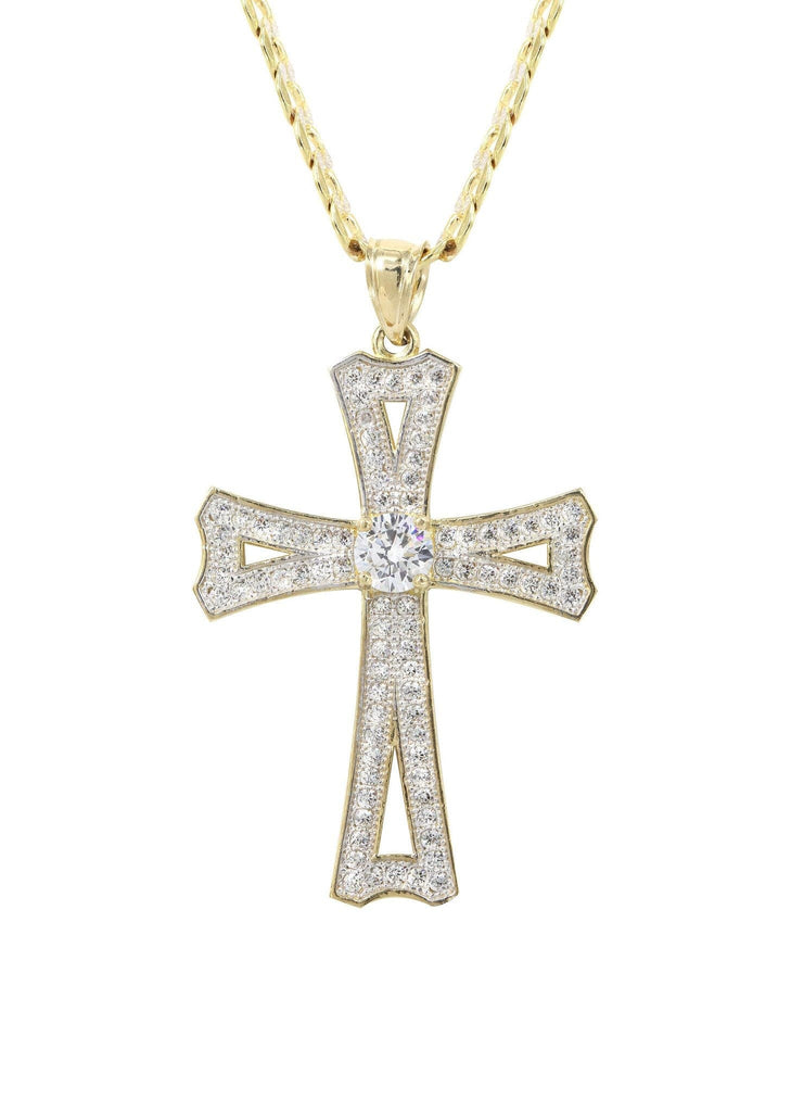 10K Yellow Gold Pave Cuban Chain & Cz Gold Cross Necklace | Appx. 8.9 Grams chain & pendant FROST NYC 