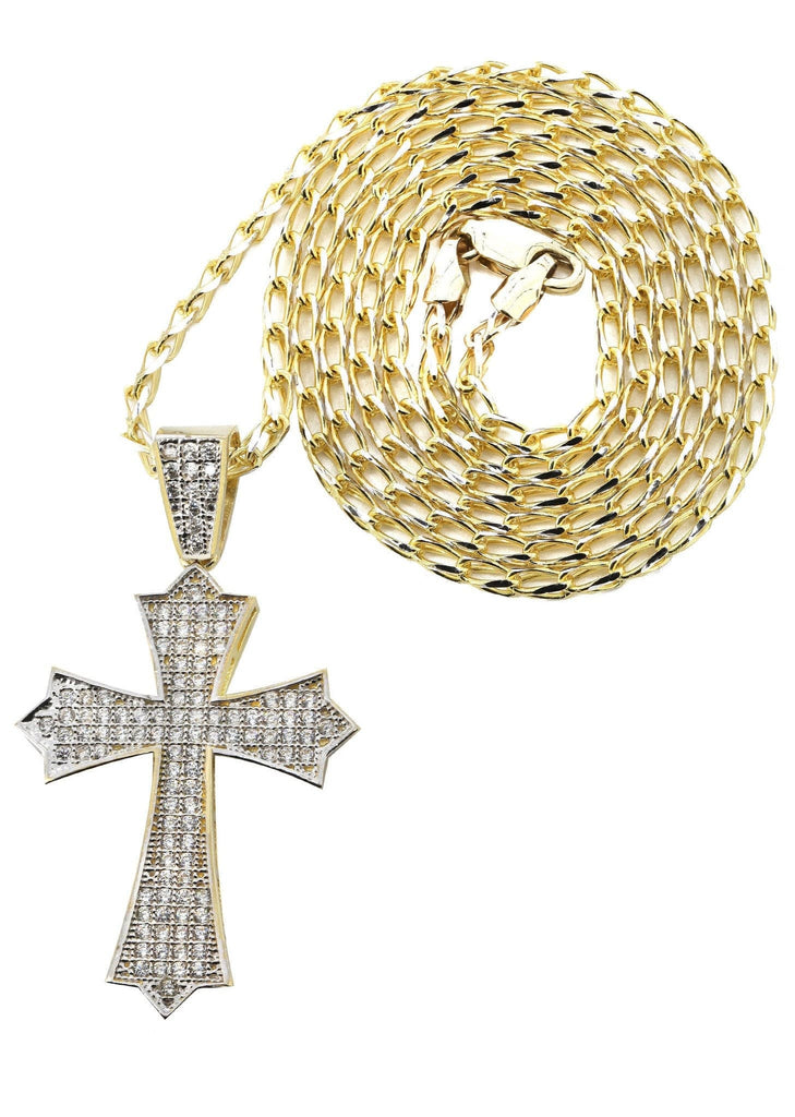 10K Yellow Gold Fancy Link Chain & Cz Gold Cross Necklace | Appx. 12.3 Grams chain & pendant FROST NYC 