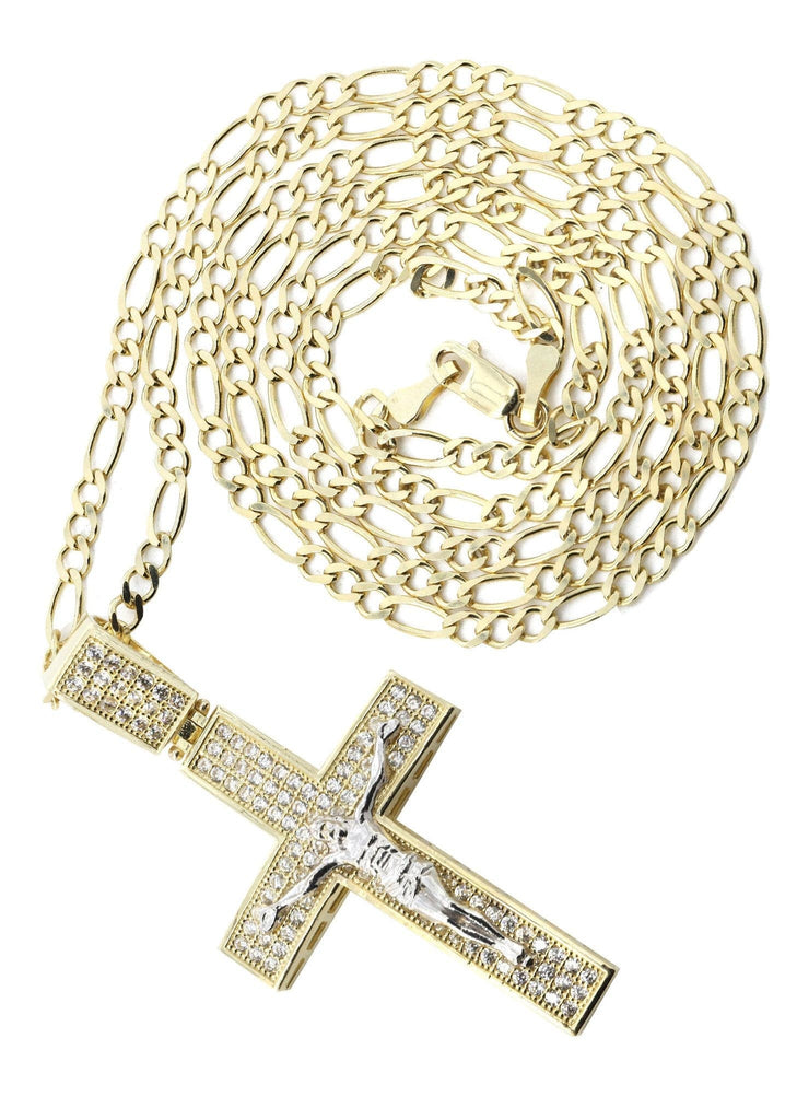 10K Yellow Gold Figaro Chain & Cz Gold Cross Necklace | Appx. 9.8 Grams chain & pendant FROST NYC 
