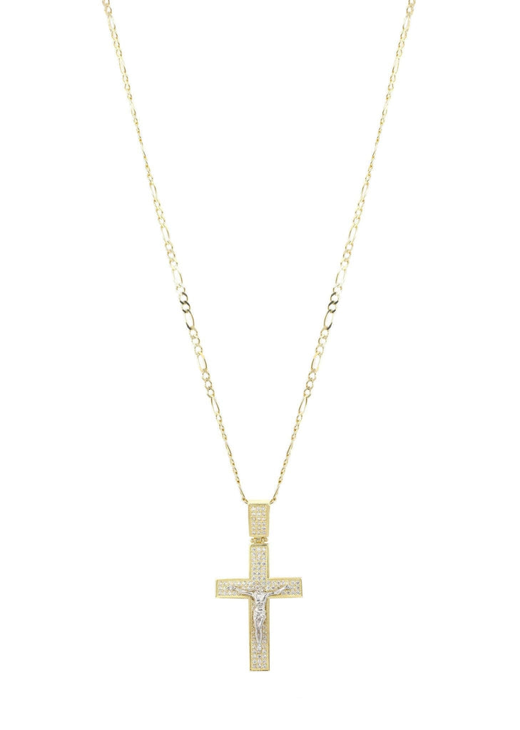 10K Yellow Gold Figaro Chain & Cz Gold Cross Necklace | Appx. 9.8 Grams chain & pendant FROST NYC 
