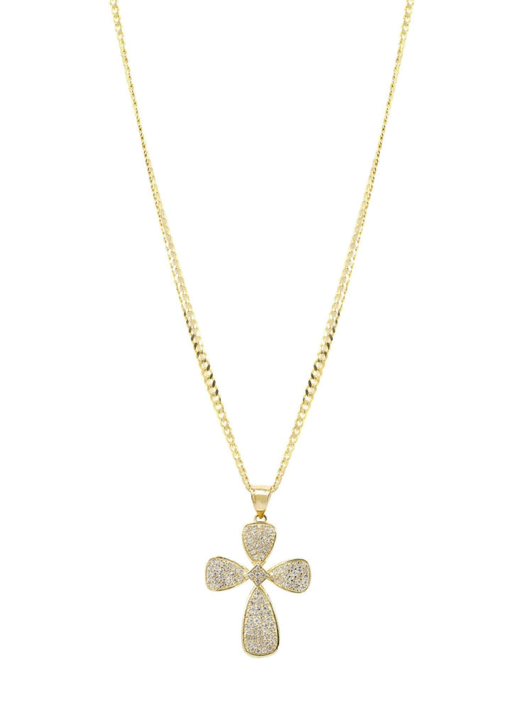 10K Yellow Gold Cuban Chain & Cz Gold Cross Necklace | Appx. 17.3 Grams chain & pendant FROST NYC 