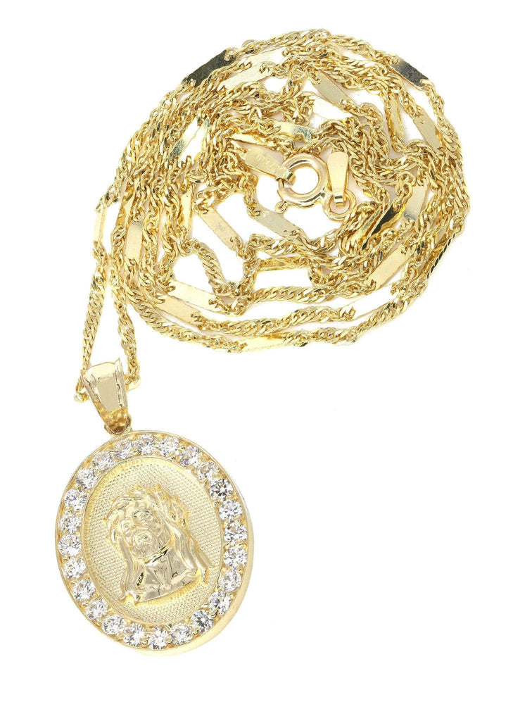 10K Yellow Gold Fancy Link Chain & Cz Jesus Piece Chain | Appx. 5.2 Grams chain & pendant FROST NYC 