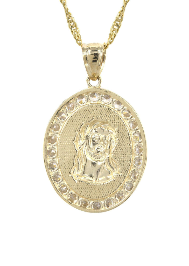 10K Yellow Gold Fancy Link Chain & Cz Jesus Piece Chain | Appx. 5.2 Grams chain & pendant FROST NYC 
