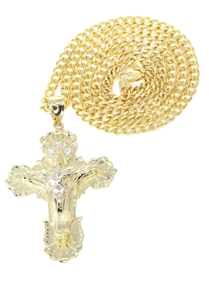 10K Yellow Gold Cuban Chain & Cz Gold Cross Necklace | Appx. 24.6 Grams chain & pendant FROST NYC 