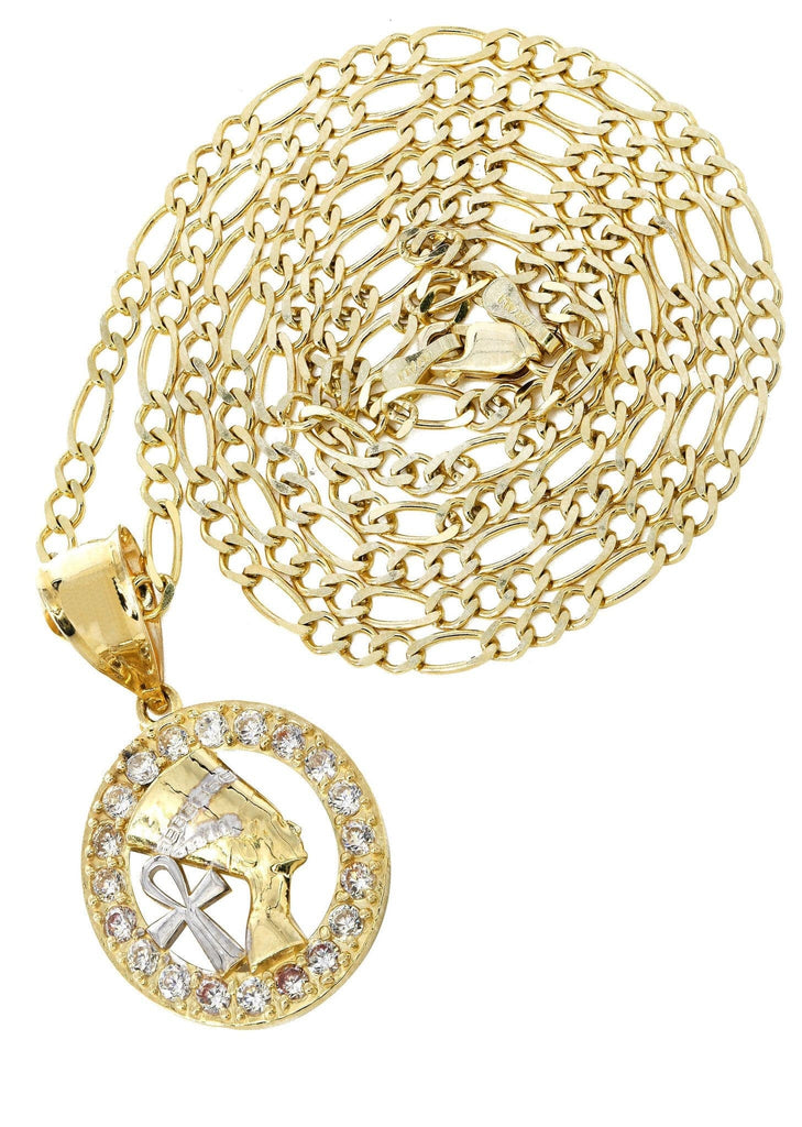 10K Yellow Gold Figaro Chain & Cz Pharoah Pendant | Appx. 10.2 Grams chain & pendant FROST NYC 