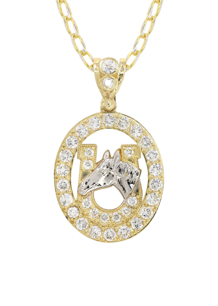 10K Yellow Gold Fancy Link Chain & Cz Horse Shoe | Appx. 12.6 Grams chain & pendant FROST NYC 