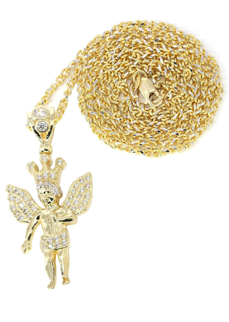 10K Yellow Gold Fancy Link Chain & Cz Angel Necklace| Appx. 10 Grams chain & pendant FROST NYC 