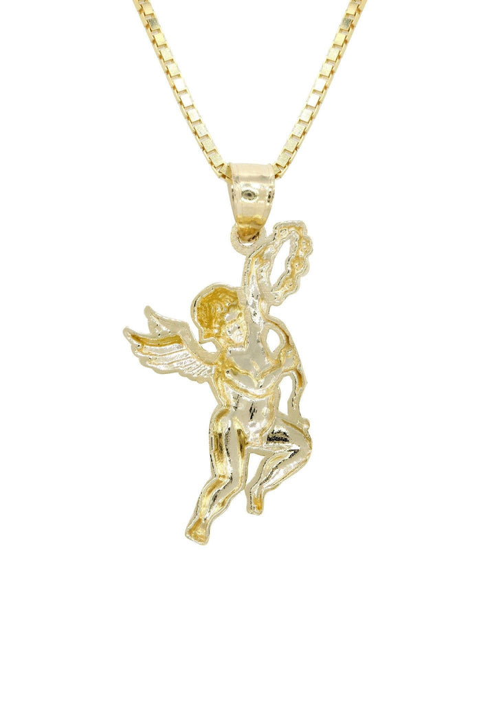 10K Yellow Gold Box Chain & Angel Pendant | Appx. 6.3 Grams chain & pendant FROST NYC 