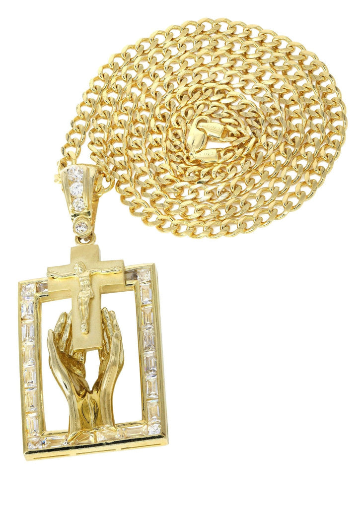 10K Yellow Gold Cuban Chain & Cz Praying Hands Pendnat | Appx. 33 Grams chain & pendant FROST NYC 