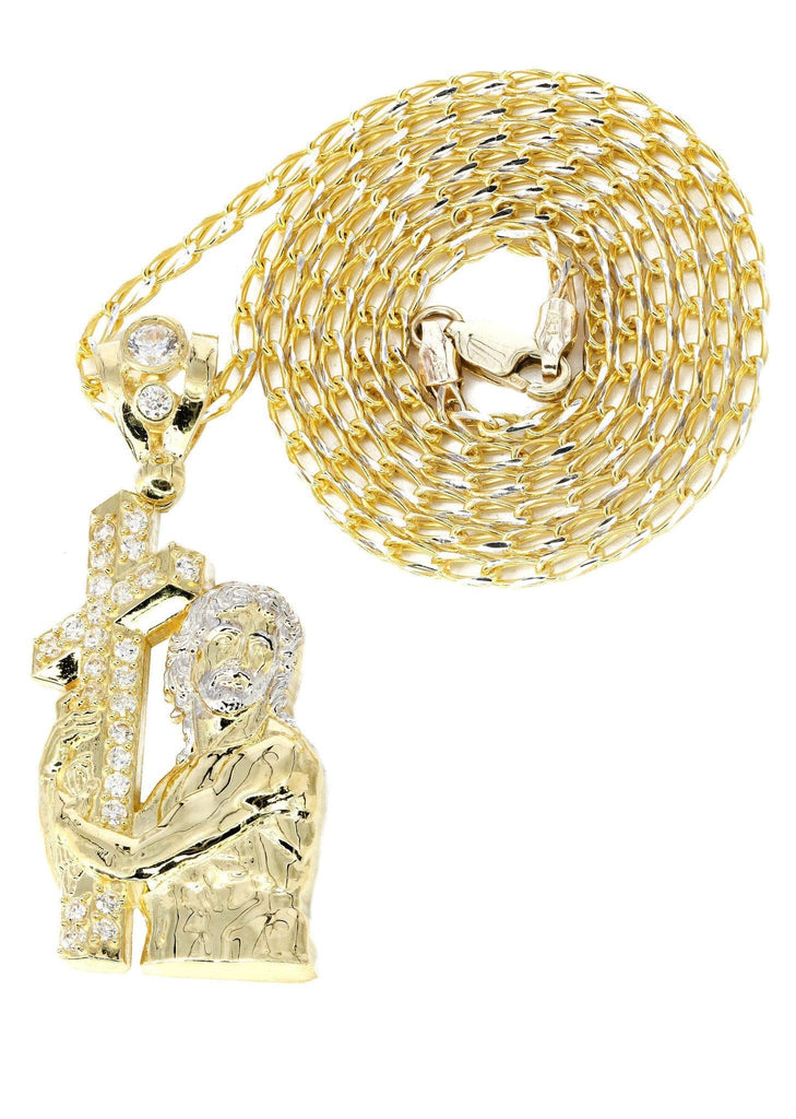 10K Yellow Gold Fancy Link Chain & Cz Jesus Piece Chain | Appx. 14.6 Grams chain & pendant FROST NYC 