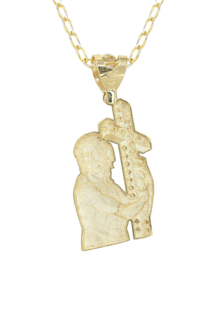 10K Yellow Gold Fancy Link Chain & Cz Jesus Piece Chain | Appx. 14.6 Grams chain & pendant FROST NYC 