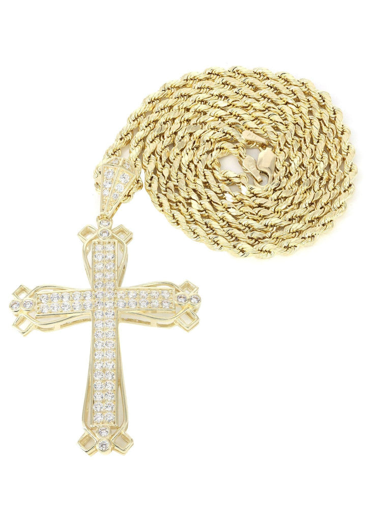 10K Yellow Gold Rope Chain & Cz Gold Cross Necklace | Appx. 14.3 Grams chain & pendant FROST NYC 