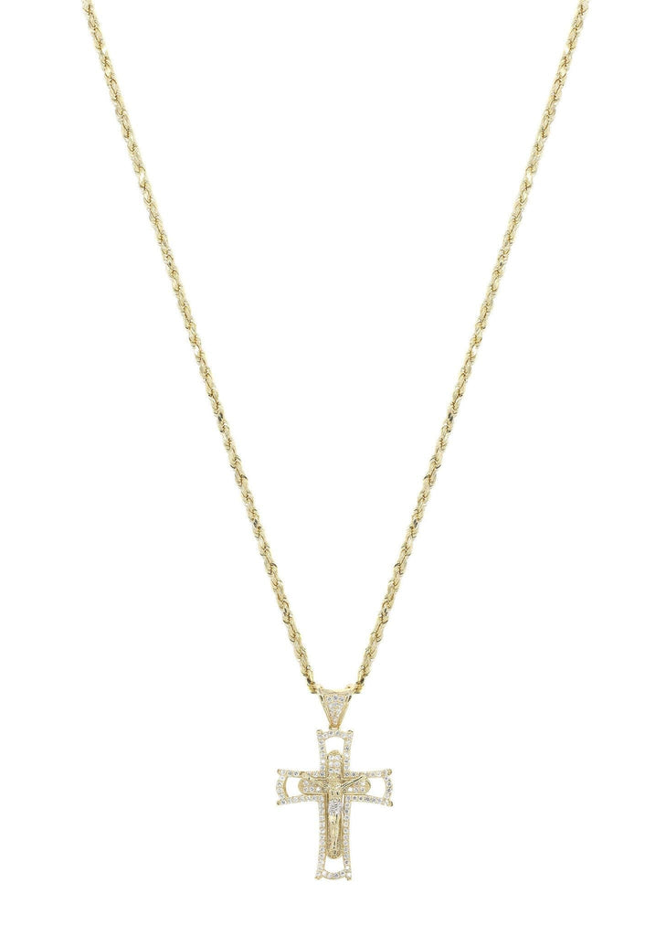 10K Yellow Gold Rope Chain & Cz Gold Cross Necklace | Appx. 11.2 Grams chain & pendant FROST NYC 