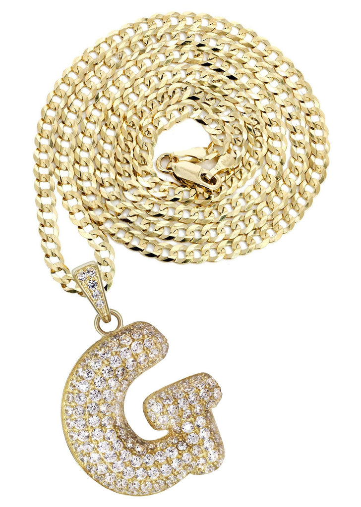 10K Yellow Gold Cuban Chain & Bubble Letter "G" Cz Pendant | Appx. 13.8 Grams chain & pendant FrostNYC 