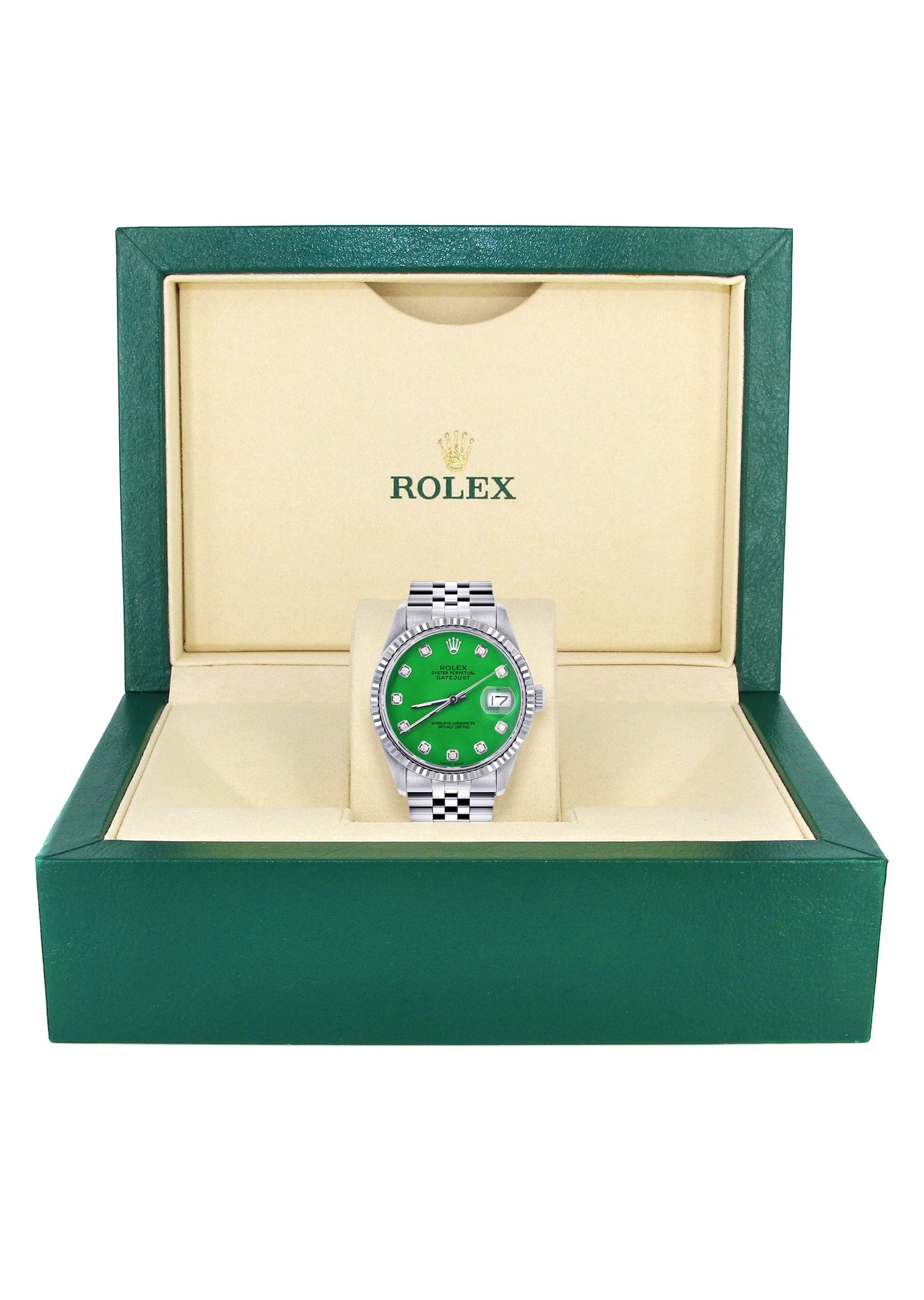 f*y様 ROLEX 時計 ボックス グリーン Mens Rolex Datejust Watch 16200 | Fluted Bezel | 36Mm | Green Dial | J