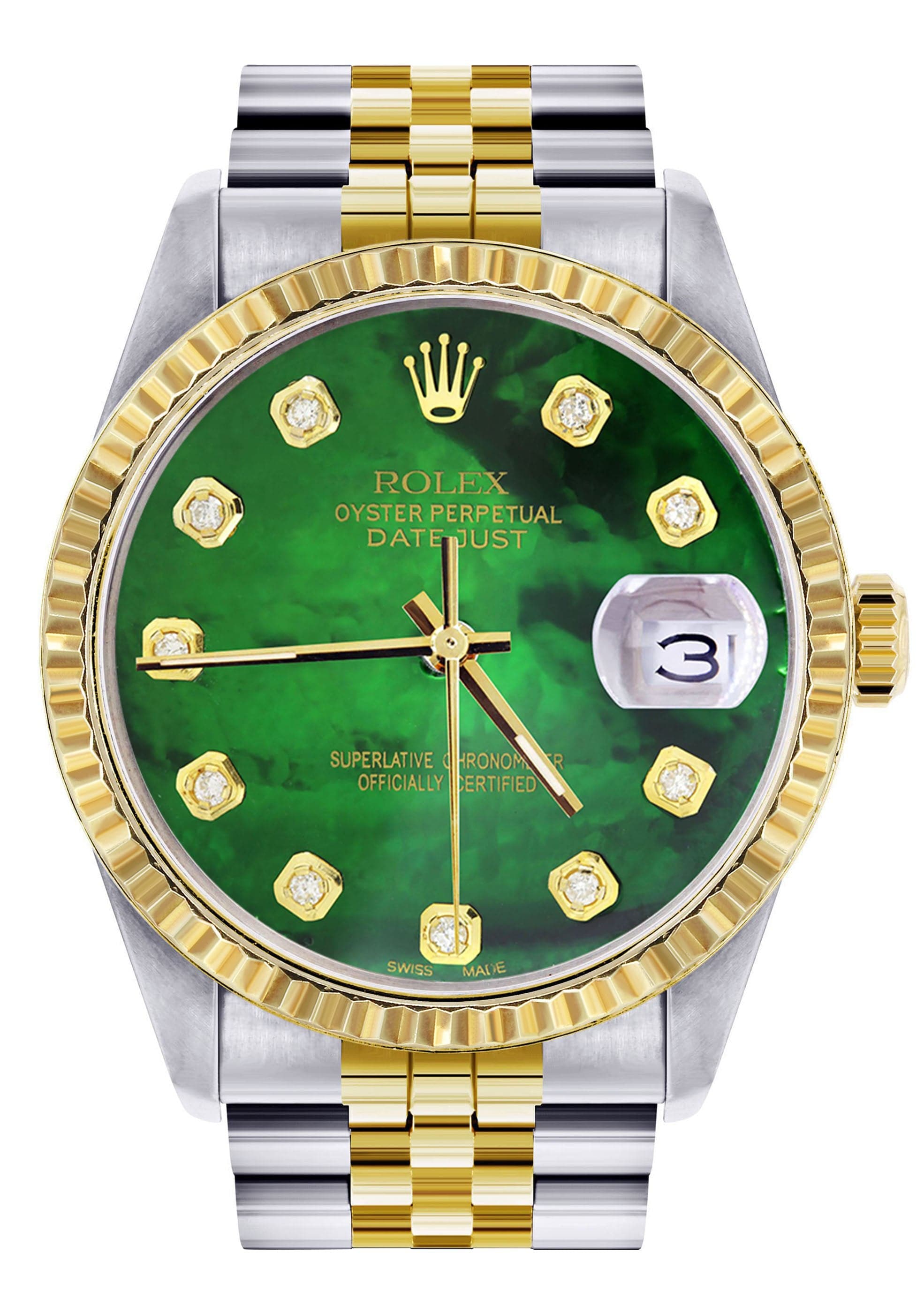 Mens Rolex Datejust Watch 16233 Two Tone 36Mm Green Mother of Pear