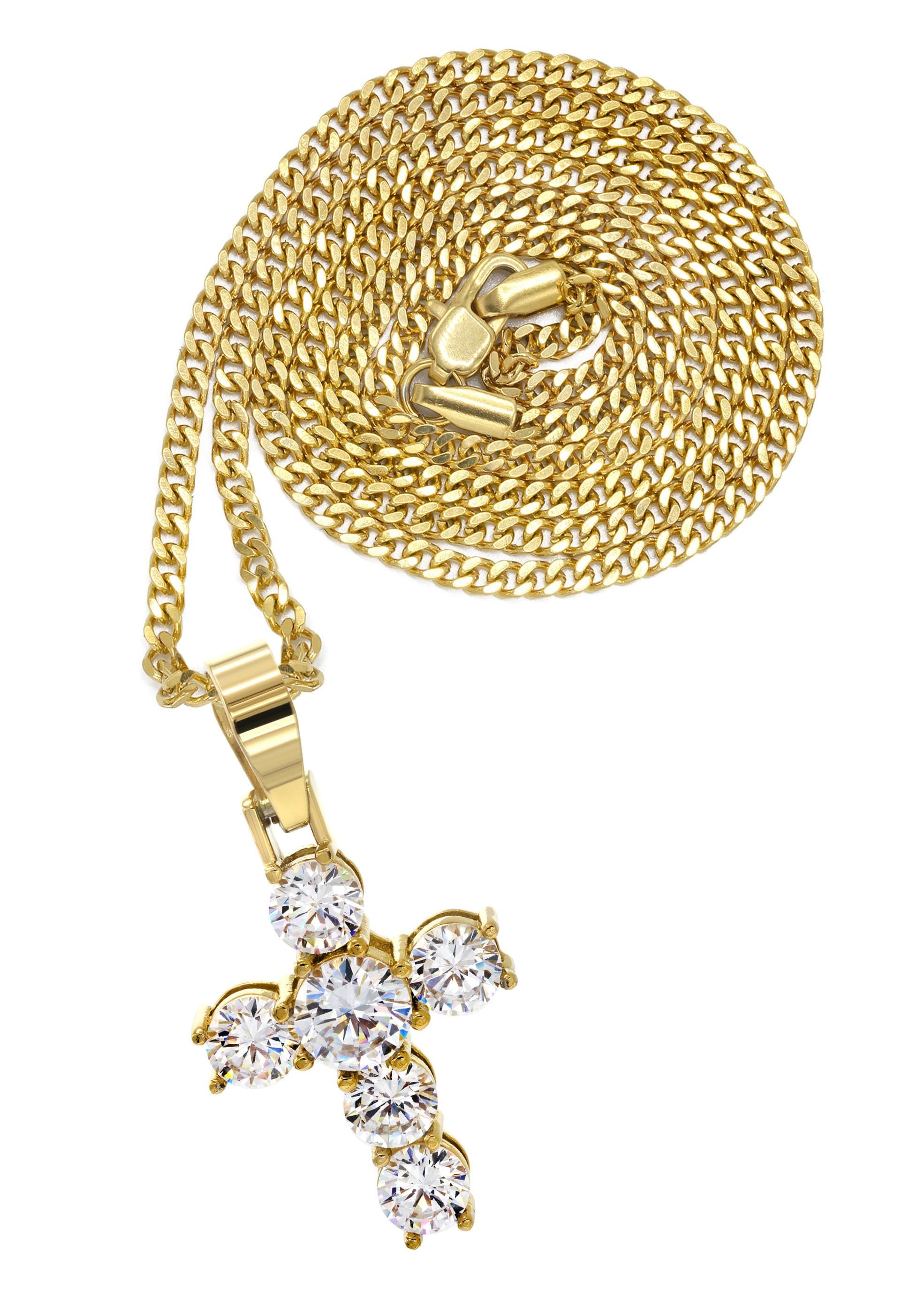 Collana Uomo 30 Acciaio Inox 6mm Placcato Oro Bordo Cubano Ciondolo Croce*BGJ - Foto 3