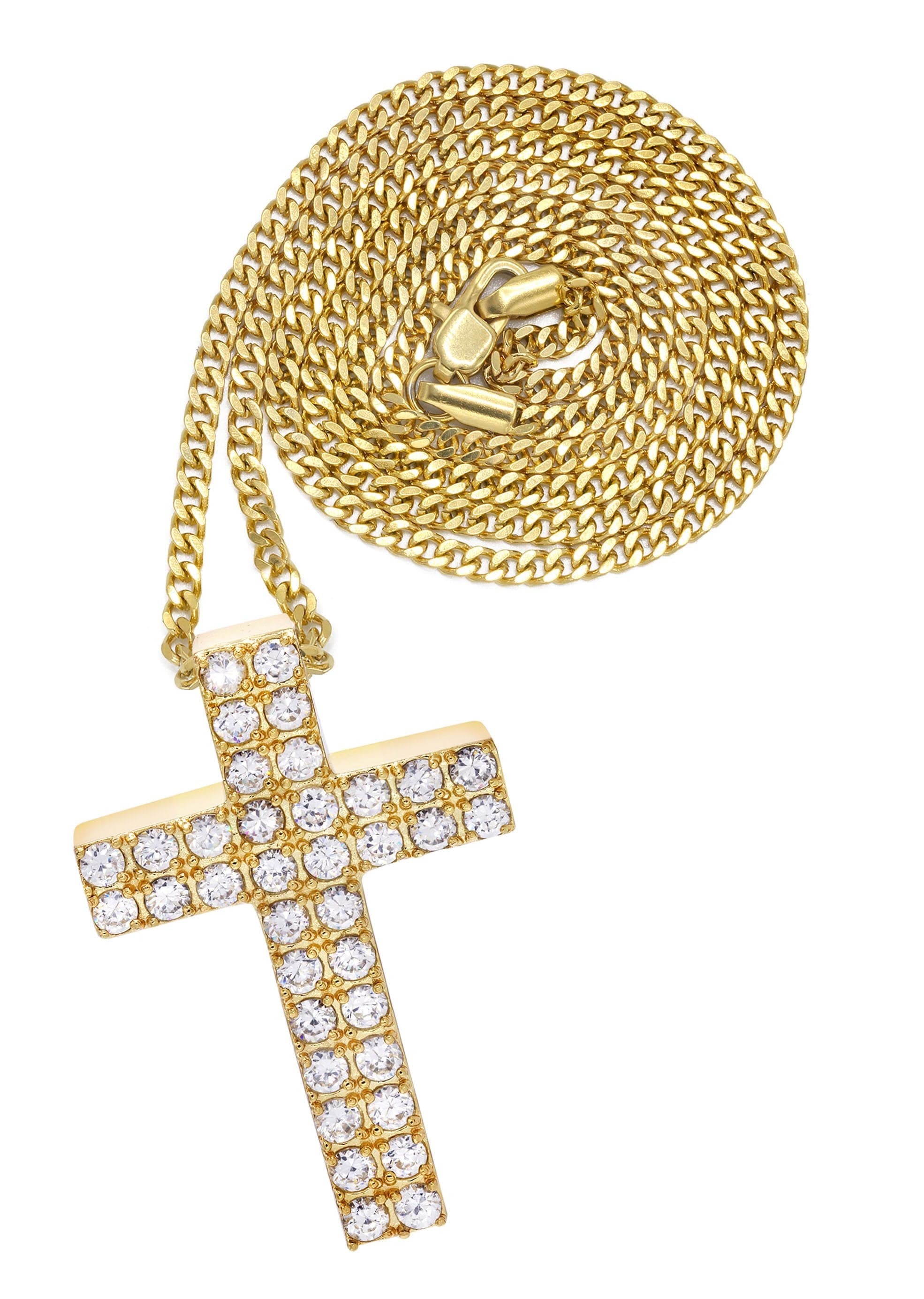 Mens Gold Plated Cuban Link Chain Cross Pendant 20 Grams
