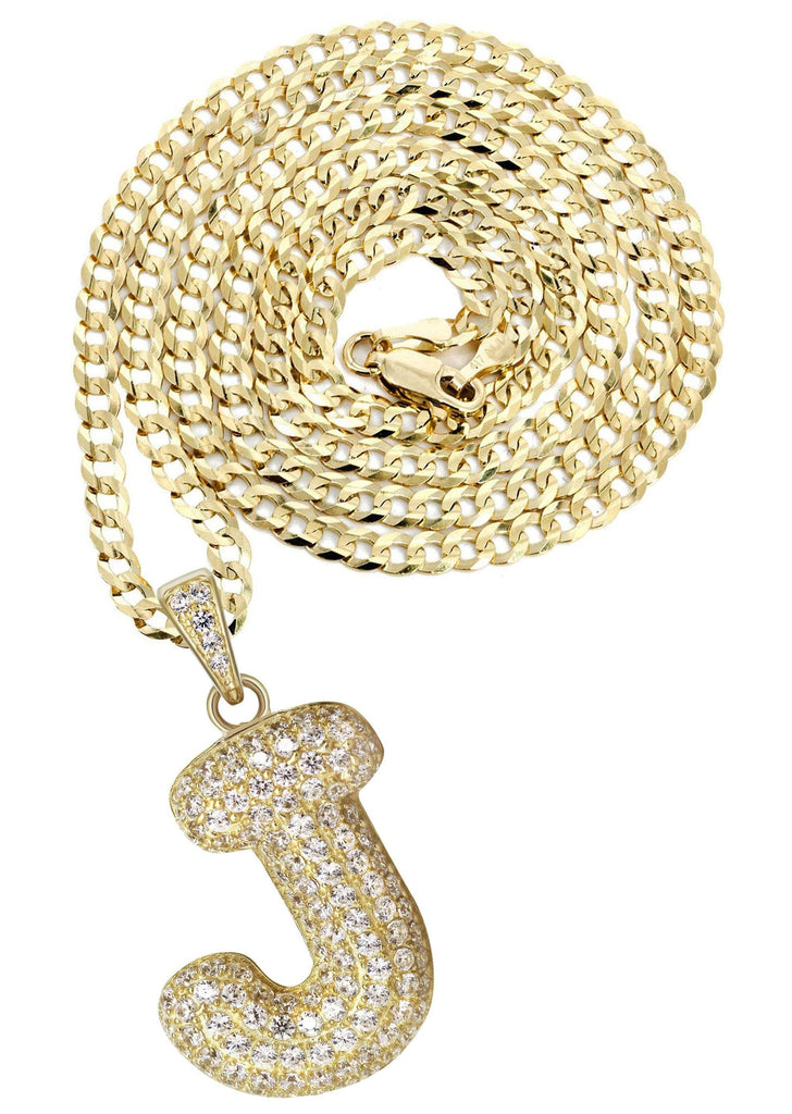 10K Yellow Gold Cuban Chain & Bubble Letter "J" Cz Pendant | Appx. 12.9 Grams chain & pendant FrostNYC 