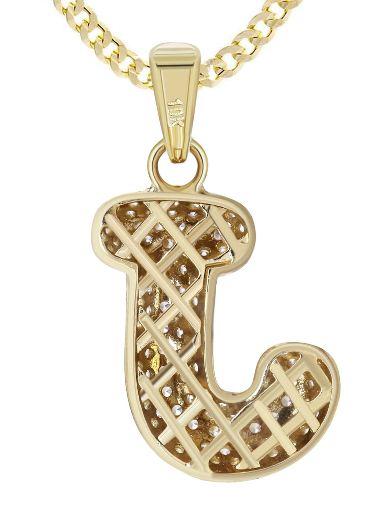 10K Yellow Gold Cuban Chain & Bubble Letter "J" Cz Pendant | Appx. 12.9 Grams chain & pendant FrostNYC 