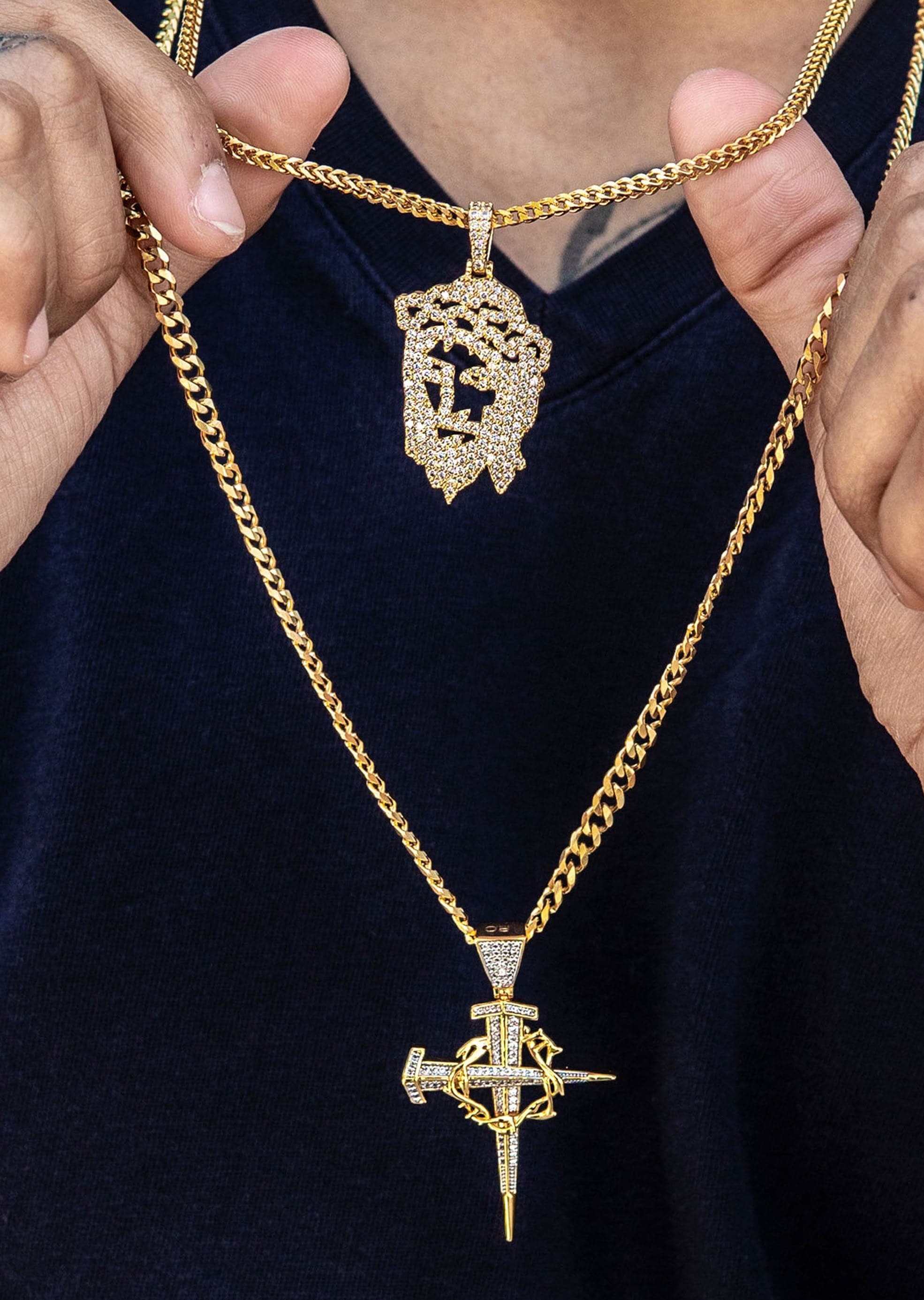 Gold Plated Iced Out Jesus Piece Cross With Cuban Chain Franco Cha