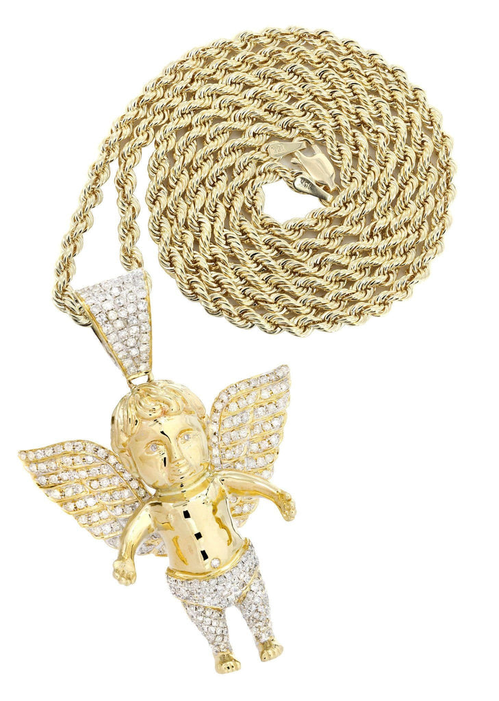 10 Yellow Gold Angel Diamond Pendant & Rope Chain | 2.69 Carats Diamond Combo FROST 