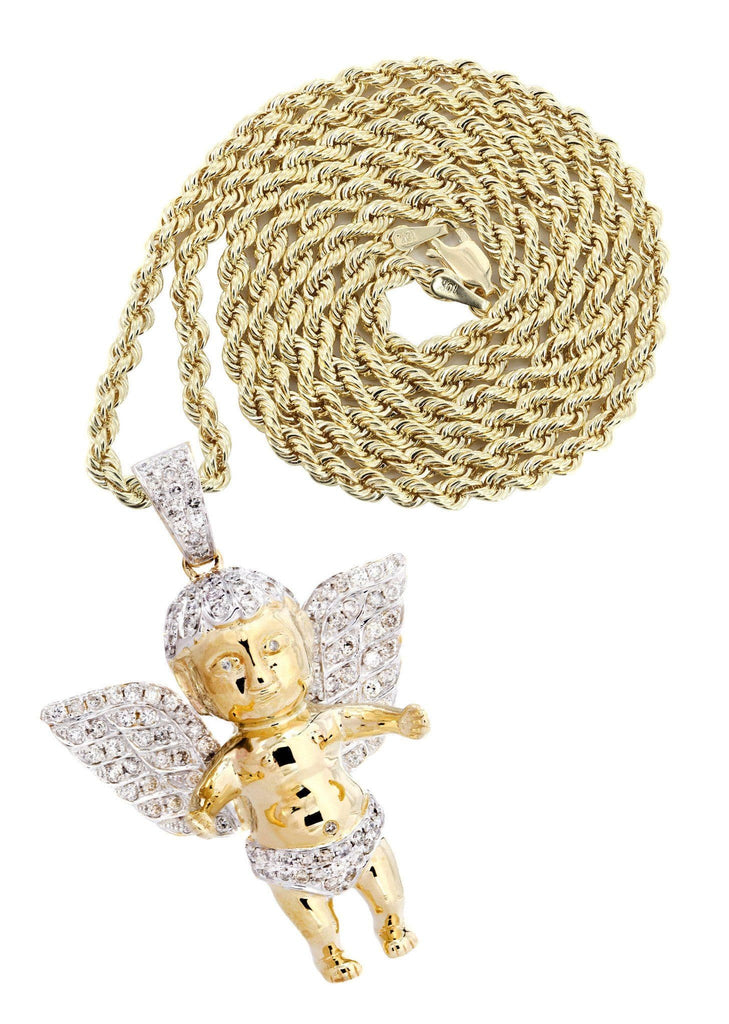 10 Yellow Gold Angel Diamond Pendant & Rope Chain | 1.87 Carats Diamond Combo FROST 