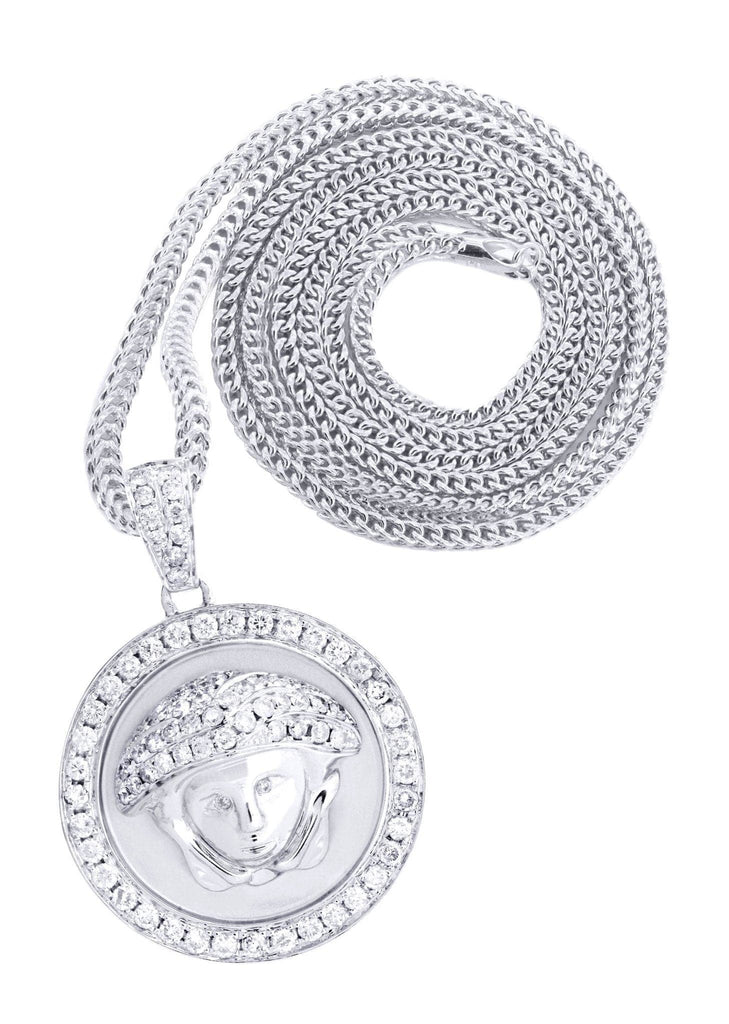 14 White Gold Medusa Diamond Pendant & Franco Chain | 1.5 Carats Diamond Combo FROST 
