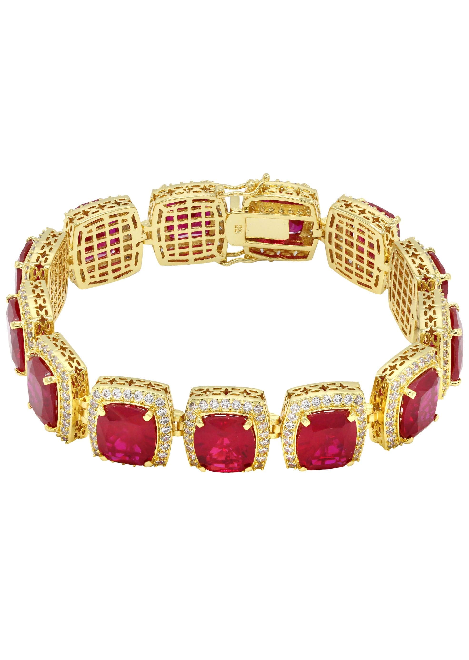 Gold Plated Mens Iced Ruby Bracelet