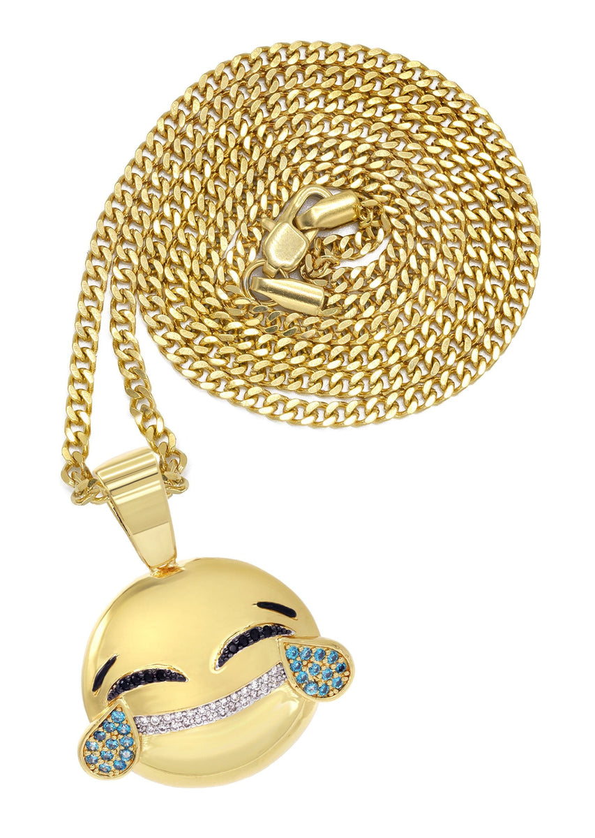 Mens Gold Plated Cuban Link Chain & Emoji Pendant Appx. 16.3 Grams